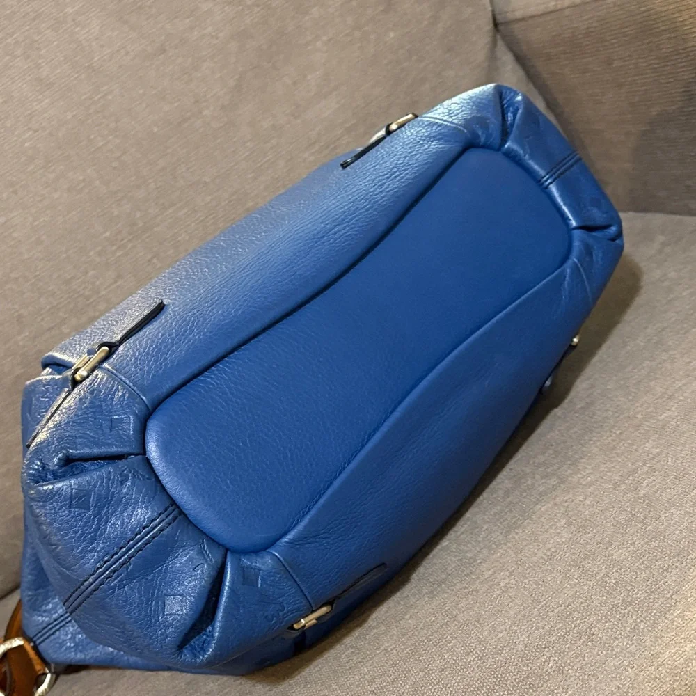 Authentic MCM Blue Leather Shoulder Hobo with Tan Strap